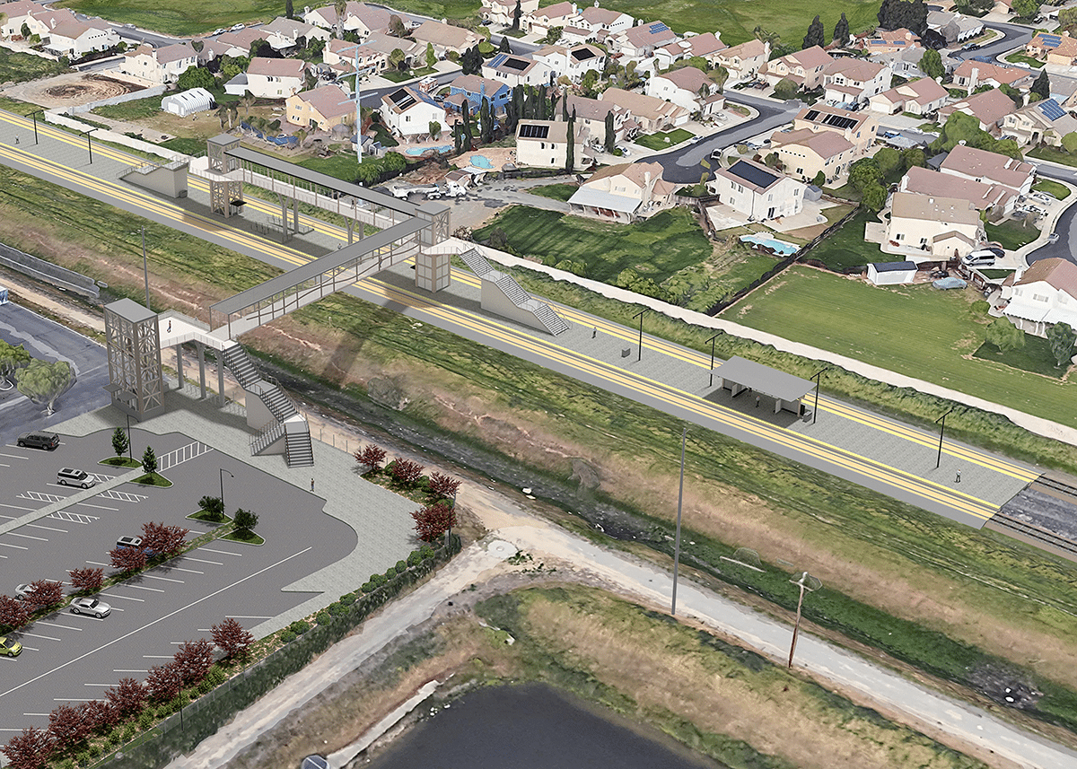 rendering of a transit station with pedestrian overcrossing