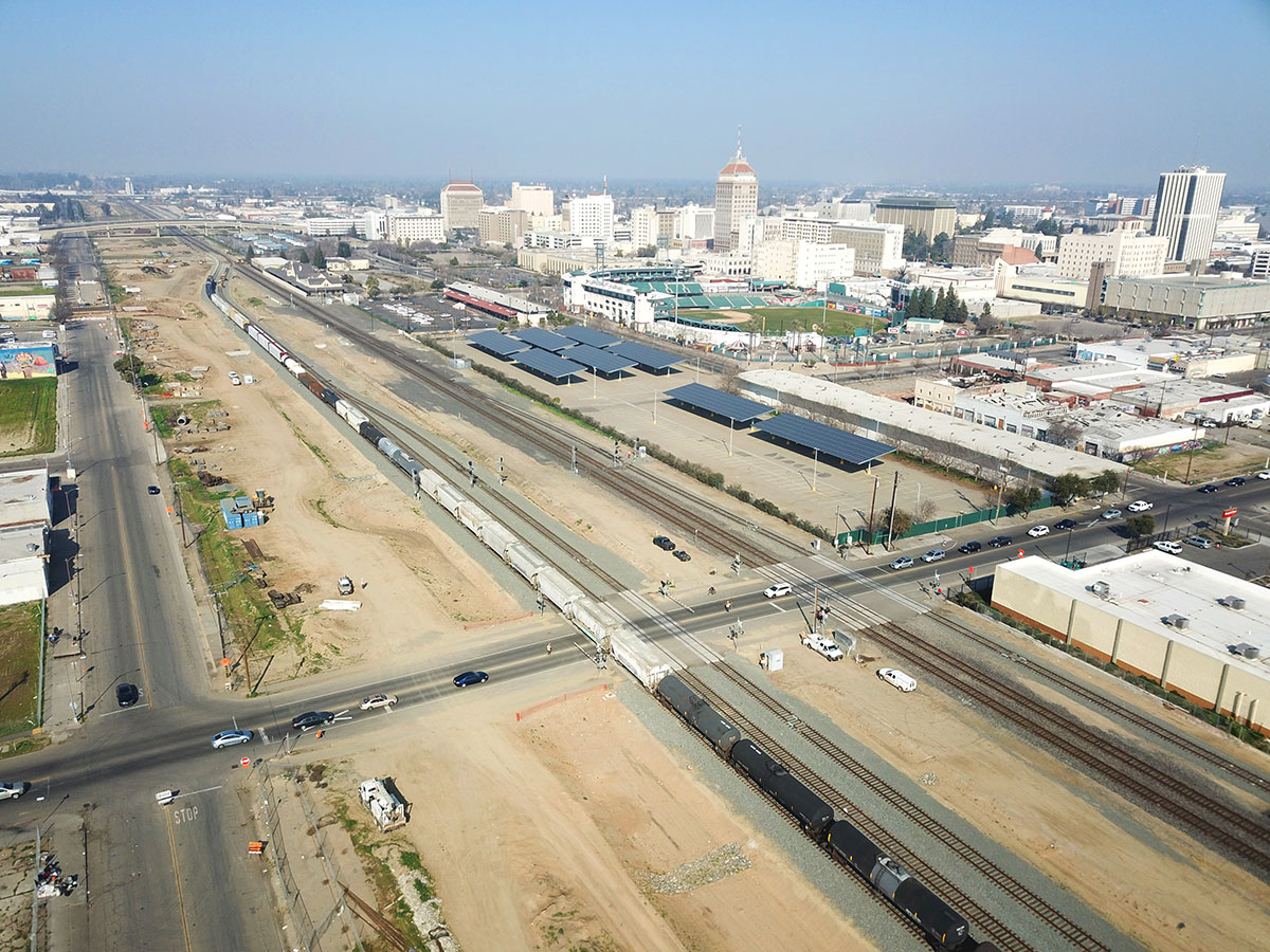 UPRR train in operation outside Downtown Fresno