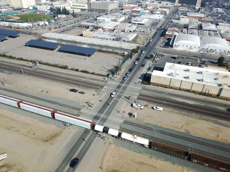 UPRR train crossing over temporary at-grade crossing