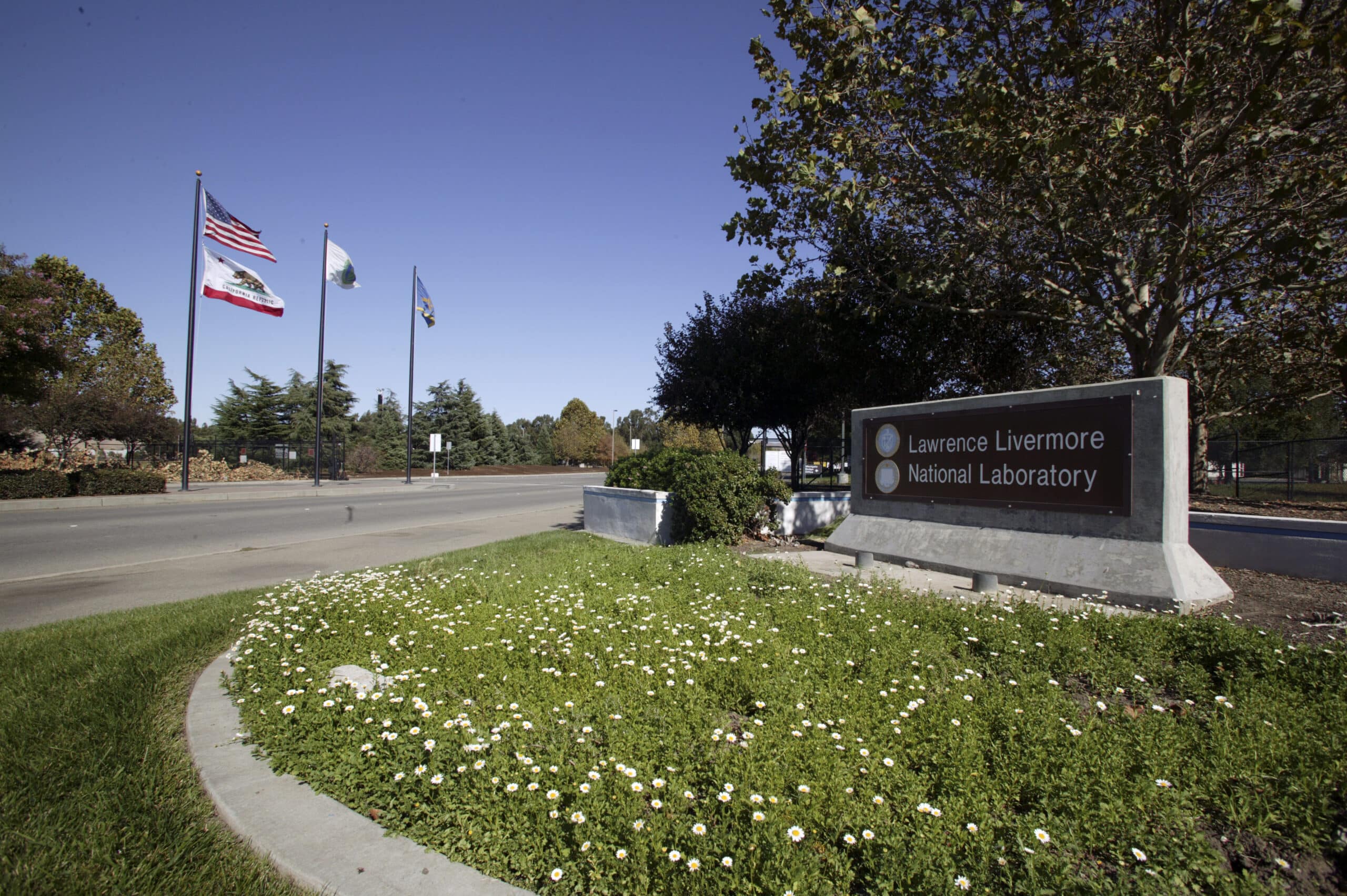 entrance to a lab showing a sign that reads Lawrence Livermore National Laboratory